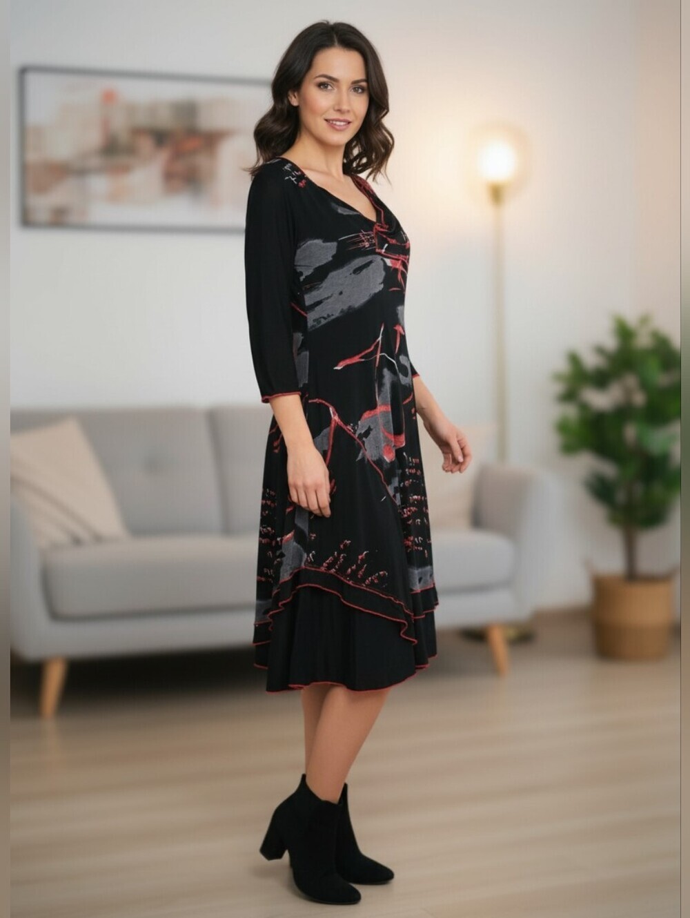 Dzhavael Couture Black & Red Abstract Print Scoop Neck Whimsgoth Dress Size XL